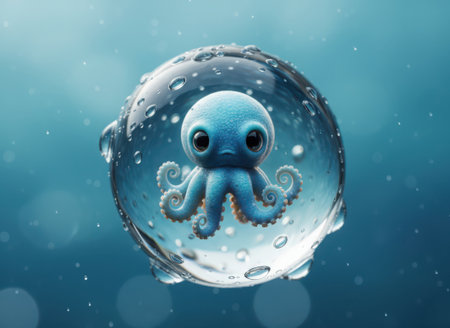 A captivating depiction of a stylized, deep blue octopus gracefully contained within a pristine, transparent sphere of water. The spherical enclosure is adorned with numerous glistening water droplets, suggesting a humid or submerged environment. This whimsical marine creature features large, prominent eyes and multiple suction-cupped tentacles, rendered with an endearing aesthetic. The background fades into serene gradients of blue, creating an ethereal underwater ambiance. This conceptual piece evokes themes of protection, isolation, or a self-contained aquatic ecosystem, presented with a delicate blend of imagination and visual clarity.の素材