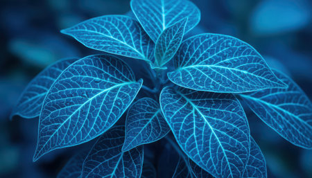 A close-up view of vibrant blue plant leaves. The foliage displays intricate vein patterns across each leaf, creating a visually striking texture against a softly blurred blue background.の素材