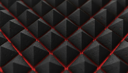 Close-up of a black textured surface composed of repeating pyramid shapes. Distinct red lines define the geometric grid, creating a modern, abstract pattern, reminiscent of acoustic panels.の素材