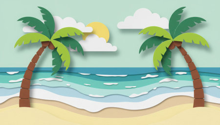 This vibrant illustration depicts a serene tropical beach landscape. Two tall palm trees with lush green fronds stand on a golden sandy shore, framing a beautiful expanse of turquoise ocean. Gentle blue waves with foamy white caps roll onto the beach. Above, a bright yellow sun shines in a clear light blue sky, accompanied by soft white clouds. The entire scene is rendered in a charming paper cut-out or layered style, creating a sense of depth and texture. It evokes a peaceful vacation atmosphere, perfect for summer themes, travel, and relaxation.の素材