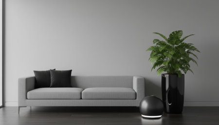 A modern minimalist living room showcasing a sleek grey sofa with dark accent cushions. A lush green plant in a tall black planter and a spherical decor item complete the clean, contemporary aesthetic against a light wall and dark floor.の素材