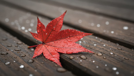 A vibrant red maple leaf rests on a wet wooden surface, speckled with numerous water droplets. The textured wood planks provide a natural background, with the scene softly blurred to highlight the leaf and drops.の素材