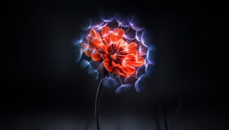 A dark background features an abstract, glowing red structure resembling a complex human or artificial brain. Blue electrical currents and tendrils emanate from the central mass, suggesting advanced artificial intelligence, neural networks, or intricate data processing. This conceptual visual conveys themes of computing, innovation, futuristic thought, and the complexities of digital cognition.の素材