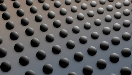 A close-up view of a grey metallic surface featuring an organized array of dark, raised circular bumps. The repetitive pattern creates an industrial and textured visual, reminiscent of a non-slip mat or flooring.の素材
