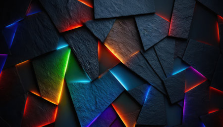 A captivating visual of dark, textured geometric pieces, resembling broken shards or tiles, arranged in a randomized pattern. Bright, multicolored neon lights illuminate the gaps and edges of these elements, casting a futuristic and abstract glow. The composition features hues of green, blue, orange, red, and violet, creating a striking contrast against the dark, coarse surfaces.の素材