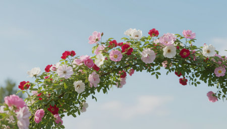 A beautiful floral arch, richly decorated with an abundance of pink, white, and red roses, curves gracefully against a bright, cloudless blue sky. Lush green foliage intertwines with the vibrant blooms, creating a picturesque and romantic scene. The natural light highlights the delicate petals and the verdant leaves, suggesting a warm outdoor setting perfect for celebrations, garden parties, or special occasions. This elegant display evokes feelings of joy, love, and natural beauty.の素材