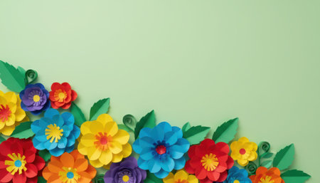 A vibrant and eye-catching composition featuring a corner arrangement of meticulously crafted paper flowers and green leaves. The flowers are handmade, showcasing a rich palette of red, orange, yellow, blue, and purple hues, each with distinct petals and textures, giving a three-dimensional effect. They are artfully complemented by dark green paper leaves, creating a lush, organic feel. This decorative display is set against a smooth, pastel light green background, providing a cheerful contrast and ample negative space for text or other design elements. The overall impression is one of spring, celebration, creativity, and a touch of handcrafted elegance, suitable for various design projects, greetings, or invitations.の素材