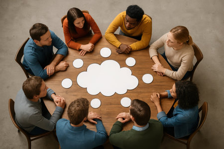 High angle view of multiethnic group of people sitting at table with cloud symbolの素材