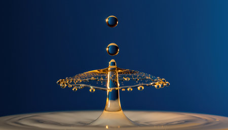 Two descending water droplets meet a rising column, creating a captivating, intricate splash pattern on a liquid surface against a deep blue backdrop. This macro capture highlights the dynamic interaction and beautiful forms of fluids.の素材