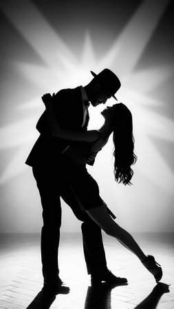A captivating black and white silhouette captures a passionate dancing couple. The man, wearing a classic hat, elegantly dips the woman, whose long hair flows as she leans back into the embrace. They are illuminated from behind by a powerful, starburst-shaped light, creating a dramatic and romantic atmosphere. This artistic depiction emphasizes movement, emotion, and the timeless beauty of ballroom or partner dancing.の素材