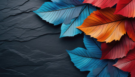 A vibrant arrangement of colorful leaves, featuring shades of blue, teal, orange, and red, rests on a dark, textured surface. The overlapping foliage creates an artistic border, contrasting beautifully with the deep tones of the background material.の素材