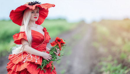A woman with long blonde hair stands gracefully in a vibrant red ruffled gown and a large, matching red hat, reminiscent of a poppy. She holds a fresh bouquet of red poppies and green foliage. The setting is an open green field with a dirt path receding into the blurred background, bathed in soft daylight.の素材