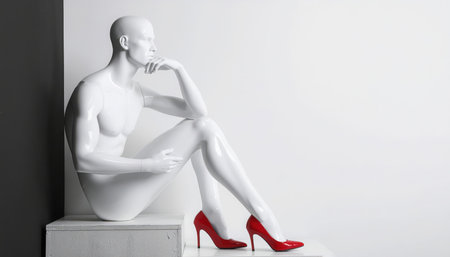 A stark, modern composition featuring a pristine white, headless mannequin in a pensive pose, reminiscent of Rodin's "The Thinker." The figure is seated, leaning slightly back, with one arm resting on its bent knee and the hand supporting its chin, suggesting deep contemplation or introspection. The mannequin's smooth form is set against a minimalist background that transitions from a dark gray shade on the left to a bright white on the right. The most prominent detail is a pair of vibrant red stiletto high heels worn on the mannequin's feet, creating a powerful visual contrast with the otherwise monochromatic palette. This juxtaposition of a gender-neutral or masculine form with distinctly feminine footwear evokes themes of identity, duality, modern fashion, and artistic expression. The scene is uncluttered and focuses purely on the figure and its compelling elements.の素材