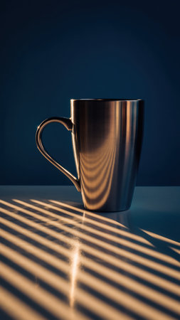 A metallic, silver-colored mug rests on a white surface. Warm, striped light casts distinct parallel shadows across the table and the lower portion of the mug. A plain, dark blue wall provides a contrasting background. The scene evokes a calm, morning or evening atmosphere.の素材