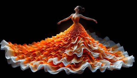 A stunning, elaborate gown crafted from layers of vibrant orange ruffles, creating immense volume and a dramatic silhouette. The garment features delicate white detailing along its trailing hem. Presented against a minimalist dark backdrop, emphasizing its artistic design and intricate texture.の素材