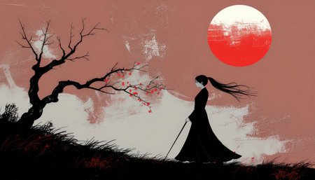 A solitary, long-haired figure in a dark gown walks along a gentle slope beneath a large, vibrant red sun or moon. A gnarled, bare tree stands beside the path, adding to the tranquil, minimalist landscape. The scene features a muted palette of red, black, and off-white, evoking a traditional Japanese aesthetic with a painterly touch.の素材