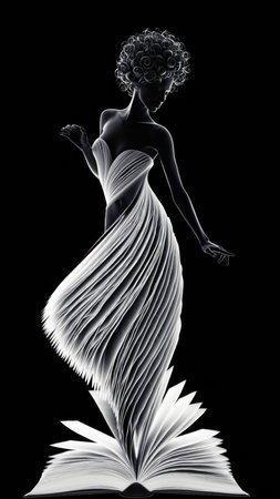 A monochromatic composition showcasing a graceful female figure, artfully constructed from fanned book pages. The figure stands elegantly on an open book, with her dress flowing outwards like turned pages and her head adorned with delicate details. This artistic representation symbolizes knowledge, learning, literature, and wisdom. The stark contrast against a dark background emphasizes the intricate details of the page-formed silhouette, creating a compelling visual.の素材