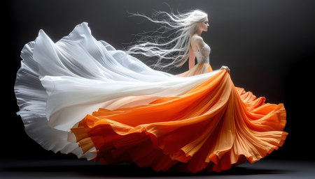 An artistic composition features an elegant figure, possibly a woman, adorned in a dramatic gown created from swirling white and vibrant orange liquids. The fluid dress flows with dynamic movement, generating delicate splashes against a dark background, evoking a sense of creative energy and transformation.の素材