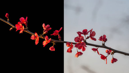 This close-up composition features a delicate branch adorned with numerous small, vibrant red or reddish-orange blossoms or young leaves. The scene is uniquely split vertically, presenting a striking duality. On the left side, the botanical elements are set against a deep, pure black backdrop, creating a dramatic contrast that makes the red hues appear intensely vivid and bold. The right side showcases the very same branch and its colorful growths against a softly blurred, light-toned, out-of-focus background, suggesting natural light conditions and imparting a gentle, serene ambiance. This visual juxtaposition effectively demonstrates the impact of varying backgrounds on the perception of the subject, highlighting the exquisite details and rich coloration of the plant life in two distinct settings.の素材