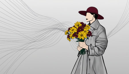 A digital illustration featuring a person in a muted gray trench coat and a dark red wide-brimmed hat. They hold a bouquet of yellow and brown flowers, possibly sunflowers, in their hands. Small dark particles appear to be blowing from left to right across the scene, creating a sense of movement or wind. The background is a plain light gray. The artwork has a stylized, slightly pixelated or low-resolution digital aesthetic.の素材