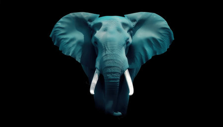 A powerful and majestic African elephant's head is presented in a close-up portrait, featuring its distinctive large ears and prominent white tusks. The creature's textured skin is highlighted against a stark, deep black background, emphasizing its grandeur and solitary presence.の素材