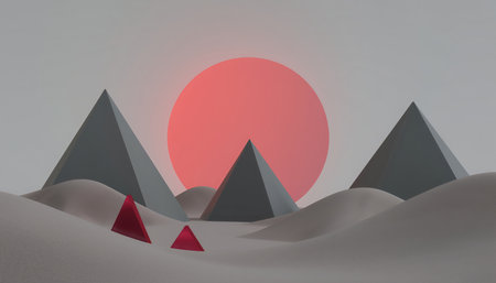 A minimalist, stylized landscape features several geometric pyramids on a textured, sandy terrain under a vast, pale sky. A prominent, glowing red orb, resembling a sun or planet, dominates the background, casting a soft, warm light. Smaller, vibrant red pyramidal shapes are scattered in the foreground. The composition evokes a sense of futuristic or ancient mystery, with a clean, low-poly aesthetic.の素材