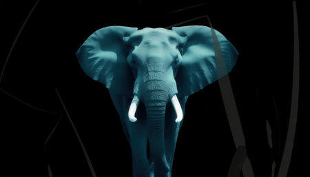 A powerful and majestic African elephant is captured in a striking front-facing perspective. Its colossal form is illuminated with a captivating bluish-cyan glow, contrasting sharply against a deeply darkened, almost black background, suggestive of a nocturnal wilderness environment. Prominent tusks and large, fanned ears frame its weathered face, conveying a sense of ancient wisdom and untamed strength. The dramatic lighting and color treatment lend an artistic and enigmatic aura to this grand pachyderm, making it a compelling representation of wild nature's enduring power.の素材