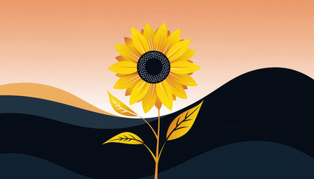 A vivid pixel art illustration featuring a vibrant golden sunflower standing tall against a warm, gradient sunset sky. Dark, minimalist hills form the foreground, creating a striking contrast. This retro 8-bit style design evokes nostalgia and natural beauty.の素材