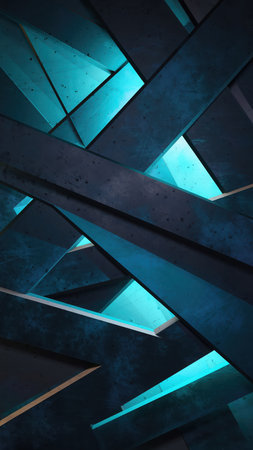 Abstract background with dark, textured geometric strips overlapping and intersecting. Bright cyan light glows vividly from the gaps, creating a luminous, futuristic effect.の素材