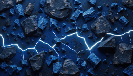 Detailed perspective of dark, rough material, possibly coal or minerals. A vibrant, electric blue light forms an erratic, glowing path, like a spark or energy flow, cutting through the segmented, textured ground. The visual emphasizes contrast between organic texture and energetic phenomenon, suggesting themes of power, technology, and natural processes.の素材