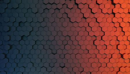 A captivating abstract background showcasing a repeating pattern of small, interconnected hexagonal shapes. The surface has a subtle three-dimensional relief, creating a textured visual. A vibrant color gradient transitions smoothly across the composition, moving from a deep blue on the left to a warm orange-red on the right. This modern geometric design offers a dynamic and visually engaging backdrop.の素材