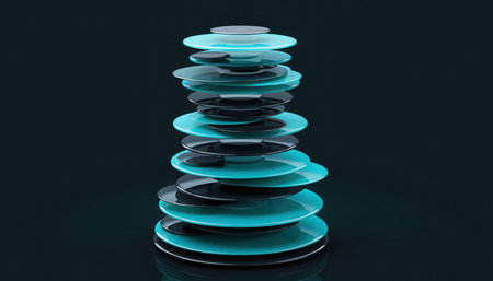 A visually striking abstract object featuring multiple translucent stacked rings in vibrant cyan and teal tones. The rings are arranged to form a conical, sculptural shape, illuminated against a dark, reflective background. The modern design evokes a sense of technology, innovation, and futuristic aesthetics with its glowing appearance.の素材
