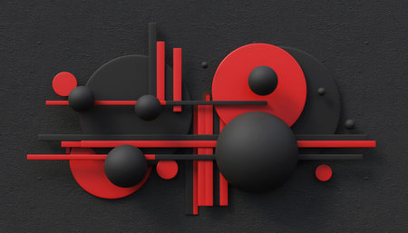 A striking abstract graphic featuring a complex arrangement of red circles, both flat discs and 3D spheres, interplaying with dark, possibly black, spheres and linear bars. These elements are set against a dark grey or black textured background, creating a sense of depth and modern design. The composition is balanced yet dynamic, with varying sizes and orientations of shapes. Useful for modern branding, corporate presentations, or artistic backdrops.の素材
