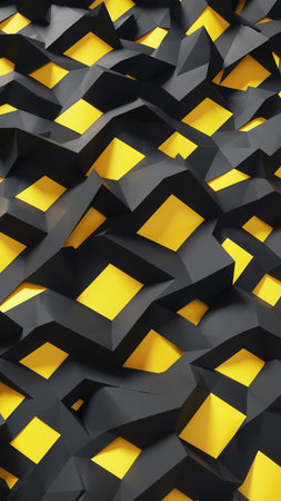 A dynamic, abstract 3D geometric pattern featuring a textured surface of dark gray or black angular folds. Bright, vivid yellow rhombus shapes are embedded within, creating a striking contrast and an illuminated effect. The composition evokes a modern, digital aesthetic.の素材