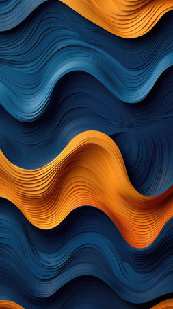 Abstract visual showing textured waves in deep blue and metallic gold colors. The fluid lines create a sense of movement and depth, ideal for contemporary design elements.の素材