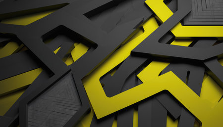 A vibrant abstract background showcasing an intricate arrangement of overlapping geometric shapes. The design features a contrast of bright yellow forms against textured dark grey elements, creating depth and a modern aesthetic suitable for various graphic design projects.の素材