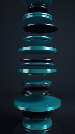 A striking visual featuring a vertical arrangement of glossy teal and black geometric discs, seemingly floating and separated from each other. The composition is set against a dark, reflective background, creating a modern and abstract aesthetic. This 3D rendered artwork emphasizes clean lines and a contemporary design.の素材