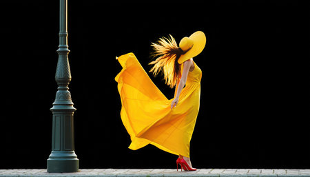 A woman in a vibrant, flowing yellow dress and a matching wide-brimmed hat is captured mid-movement next to a classic street lamp. Her dress billows around her, creating a sense of dynamic motion and artistic expression. The scene is set against a dark, contrasting background, emphasizing the bright attire and the dramatic pose. She wears red shoes, adding another pop of color. The lighting illuminates her gracefully, highlighting the texture and movement of the fabric.の素材