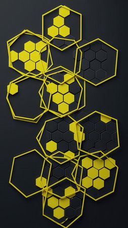 A striking vertical arrangement of interconnected hexagonal frames, some containing smaller, filled hexagons in alternating bright yellow and deep black. These elements are set against a matte, dark gray surface, creating a sophisticated contrast. The composition presents a modern, abstract geometric pattern, evoking concepts of structure, connection, and digital data. The precise arrangement and vibrant color combination lend a sense of precision and contemporary design, suitable for digital art, web backgrounds, or designs requiring a clean, tech-inspired, or scientific aesthetic.の素材