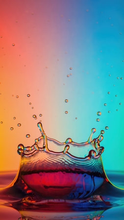A close-up vertical capture of a water drop impacting a liquid surface, creating a dynamic splash in the shape of a crown. The liquid ripples outwards, reflecting the vibrant gradient lighting from the background. The backdrop transitions smoothly from warm orange and red tones at the bottom to cool blue and teal hues at the top, illuminating the transparent water with a spectrum of colors. Numerous small droplets are suspended mid-air around the main splash, adding to the sense of movement and energy. The scene is brightly lit, showcasing the intricate details and textures of the disturbed water surface. This abstract composition emphasizes fluid dynamics and the interplay of light and color.の素材