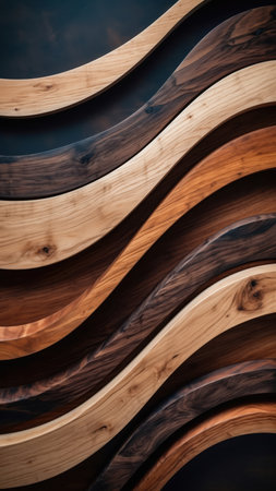 A close-up view of multiple wavy wooden strips arranged vertically, showcasing a flowing pattern. Each strip features distinct natural wood grain and varying warm brown tones against a dark backdrop.の素材