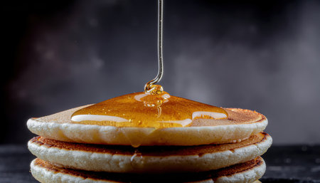 A close-up shot captures a stack of three freshly made pancakes. Thick, golden syrup is being poured onto the top pancake, glistening as it slowly cascades over the edges. The breakfast meal is presented against a dark, textured background, highlighting the warm, inviting colors of the sweet dish.の素材