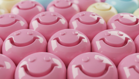 A close-up view of numerous pink candies, each featuring an embossed smiling face. The sweets are arranged closely together, creating a repetitive pattern and a vibrant, cheerful backdrop.の素材