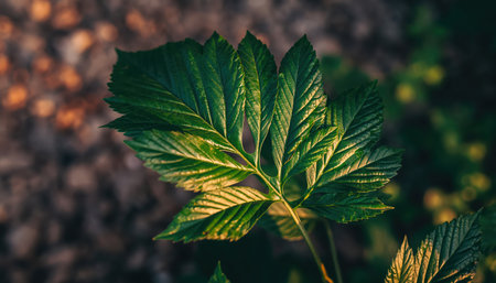 A detailed close-up view of a lush, vibrant green plant leaf, glistening with numerous tiny water droplets. The leaf's surface features a clear texture with subtle variations in green and yellowish tones, indicative of natural growth. The water beads beautifully reflect available light, suggesting either morning dew or recent rainfall. The background is softly blurred into earthy brown and dark tones, creating a shallow depth of field that accentuates the intricate details of the foliage. This natural composition evokes a sense of freshness, vitality, and the serene beauty found in outdoor environments.の素材