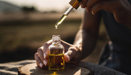 A close-up view captures a hand carefully dispensing a golden botanical oil from a pipette into a small, clear glass bottle. The liquid forms a perfect drop, shimmering under natural light, just before it enters the container. The background is softly blurred, hinting at an outdoor, natural environment, with warm tones suggesting a serene setting. This scene evokes themes of natural health, organic beauty, holistic wellness, and the meticulous preparation of precious extracts. It represents self-care rituals, aromatherapy, or the crafting of natural cosmetic products like serums or essential oils.の素材
