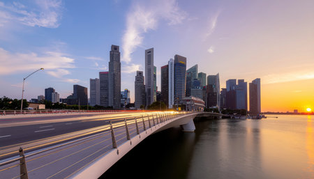 A modern cityscape features numerous tall buildings and a prominent bridge spanning calm water. The setting sun casts a warm, golden glow across the sky and reflects on the surface, while the bridge and some buildings begin to illuminate, creating a dynamic urban scene.の素材