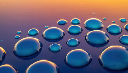 A captivating close-up perspective reveals numerous spherical water droplets resting on a smooth, deep blue or purple surface. Each droplet beautifully reflects ambient light, creating bright highlights and adding depth. In the background, a soft gradient transitions from a warm, luminous orange or golden yellow at the top to a gentle purple or blue, suggesting a sunset, sunrise, or a vibrant abstract illumination. The composition emphasizes texture, light play, and color contrast, making for a serene and dynamic visual.の素材