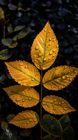 A close-up view of a single branch displaying several vibrant golden-yellow leaves, each richly covered in glistening water droplets. The intricate texture of the leaves and the reflective beads of water are sharply defined against a dark, softly blurred background of green foliage. The scene captures the beauty of nature after rain or morning dew, with a striking contrast between the luminous leaves and the shadowed backdrop.の素材