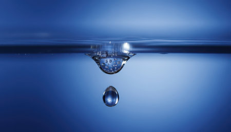 A detailed view of a single water drop impacting a blue liquid surface, creating a distinct splash and several submerged bubbles. The scene is illuminated, highlighting the transparency and movement of the water. The horizon line of the water is visible, separating the surface action from the underwater dynamics. This composition emphasizes concepts of freshness, purity, and fluid motion.の素材