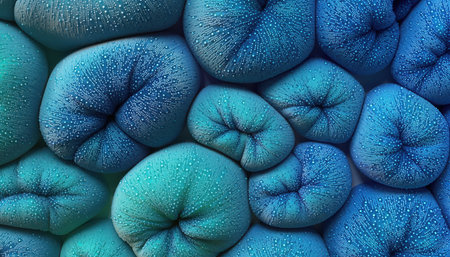 A close-up view of a vibrant texture composed of interconnected, roundish forms, covered in shimmering blue and teal glitter. The surface displays a smooth color gradient, transitioning from a lighter teal to a deeper blue. Numerous tiny reflective particles create a luminous, sparkling effect across the entire surface, suggesting a festive or decorative material.の素材